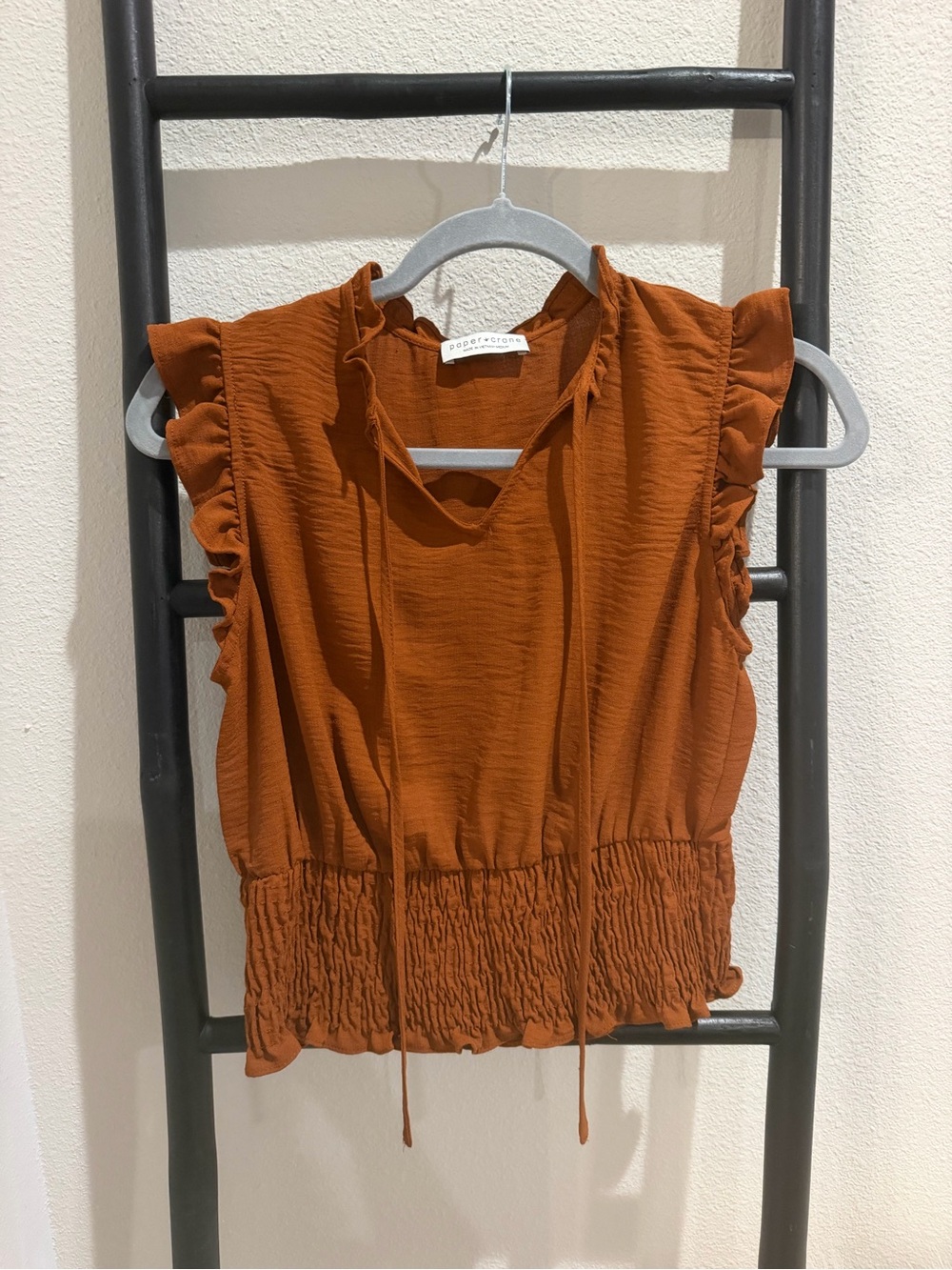 Paper Crane Rust Ruffle-Trim Tie-Neck Smocked Waist Camisole